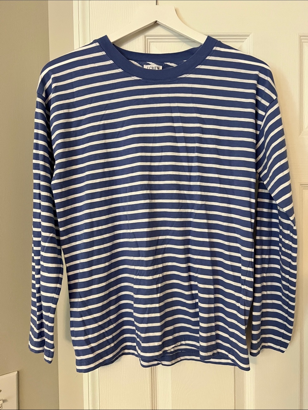 J. Crew Women’s Navy and White Long-Sleeve Striped Tee